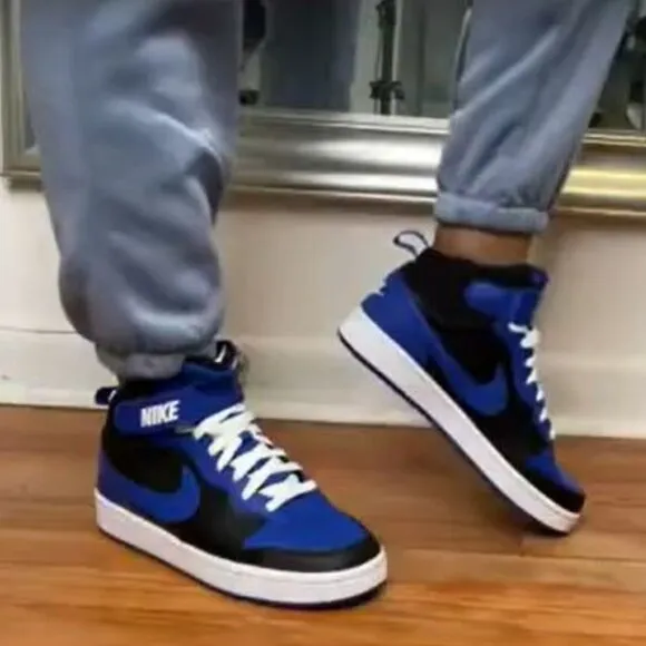 🤩Nike 4Y Big Kids Shoes Court Borough Mid 2 Sneakers Black Blue DM8872-001 New