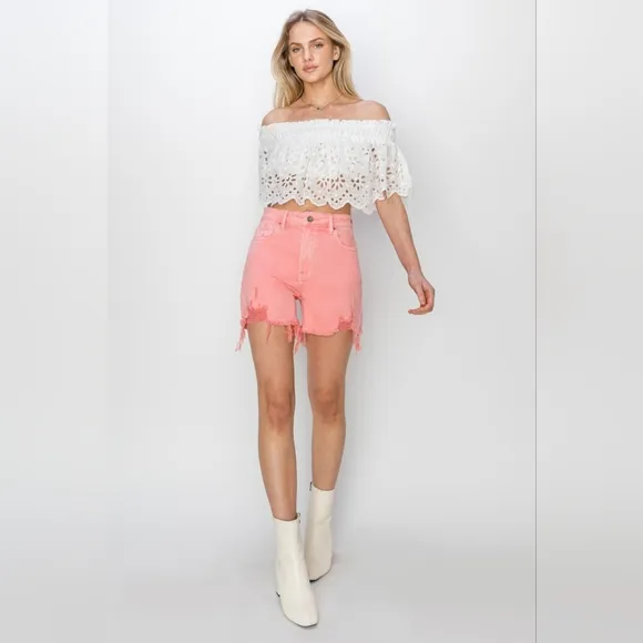 Pink High Rise Waist Distressed Denim Cut-off Frayed Mid-length Jean Shorts RISE